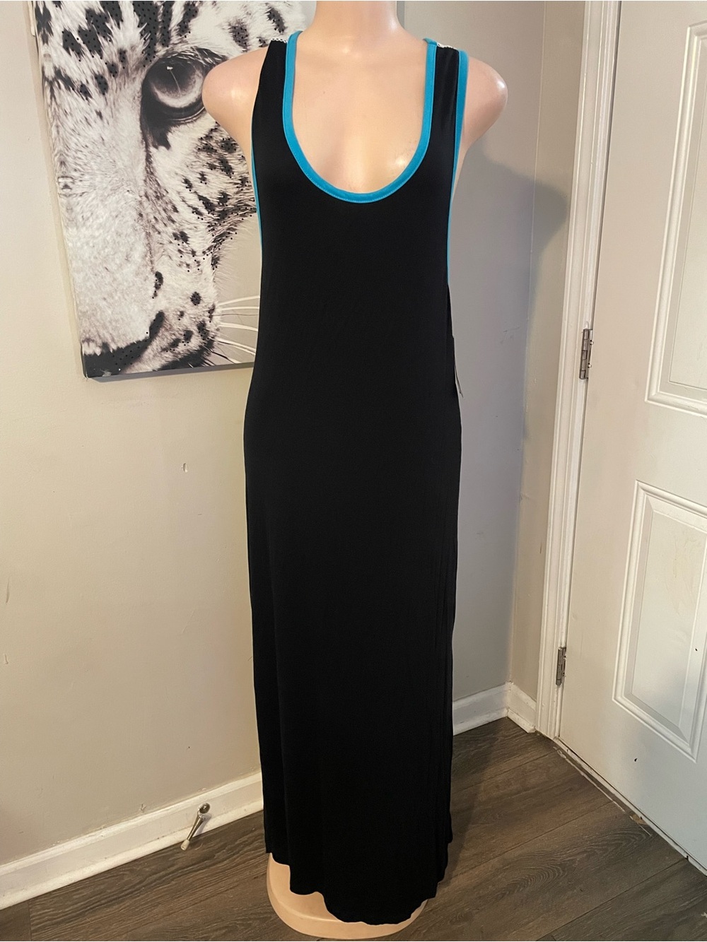 Authentic Vintage Rampage Y2K Era Black Maxi Tank Dress Teal Trim Knit detail L